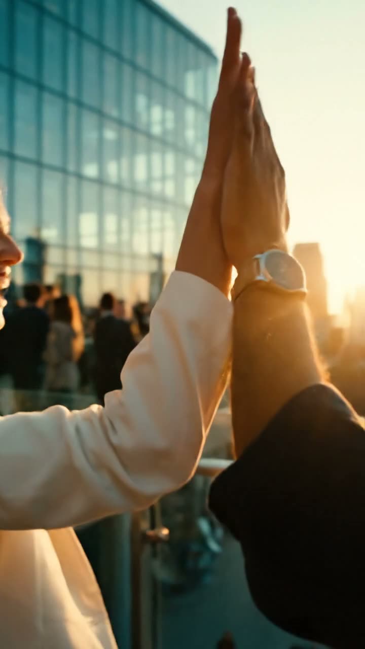 Two people high-fiving at sunset