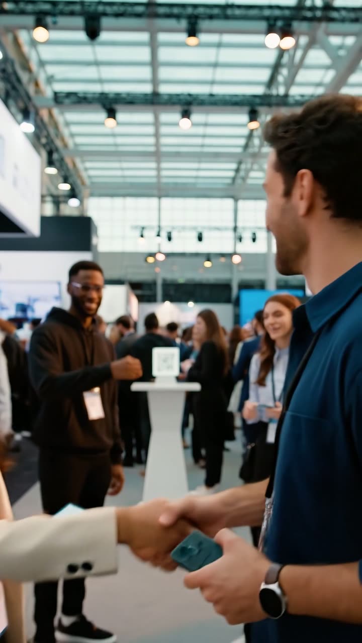 A conference floor, handshakes between attendees