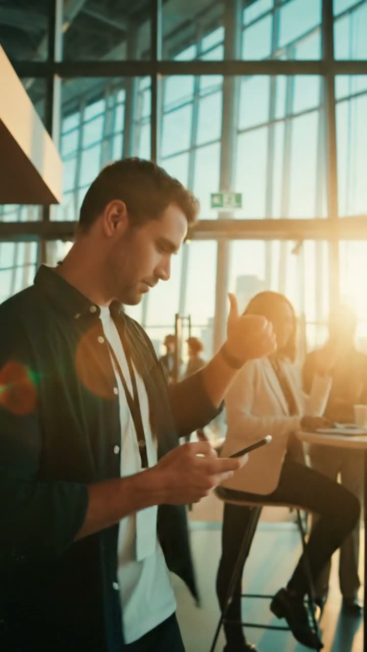 An attendee checking his phone between meetings
